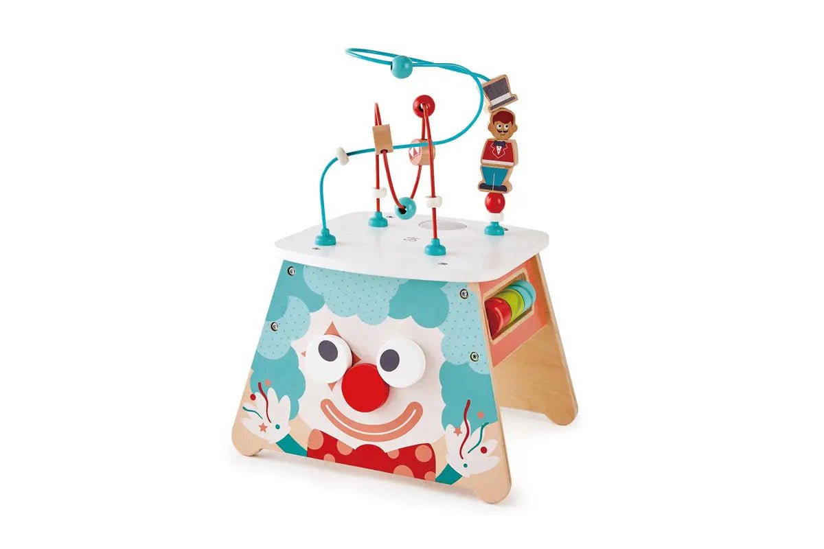 Cube d'activités cirque en bois, cube interactif pour bébé